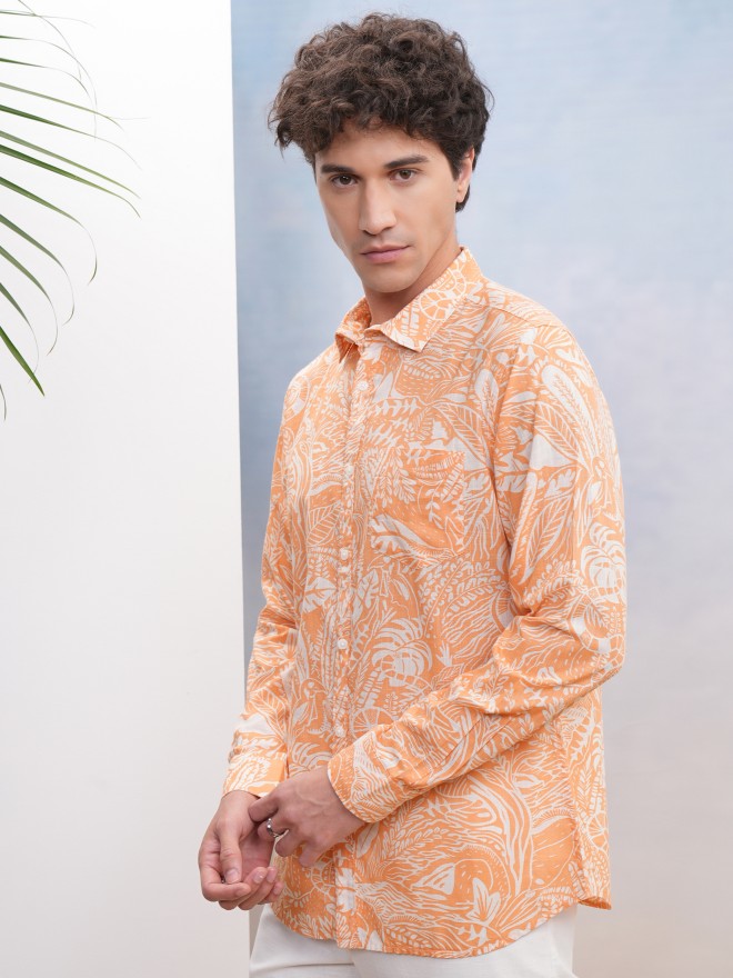 Highlander Men Orange Printed Regular Fit Casual Shirt - Orange - Image 4
