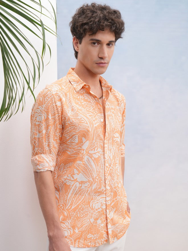 Highlander Men Orange Printed Regular Fit Casual Shirt - Orange - Image 6