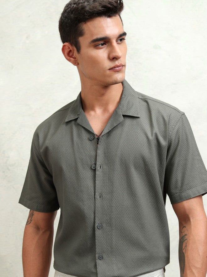 Highlander Men Olive Textured Relaxed Fit Casual Shirt - Olive - Image 1
