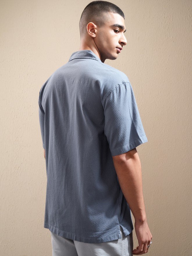 Highlander Men Blue Textured Relaxed Fit Casual Shirt - Blue - Image 3