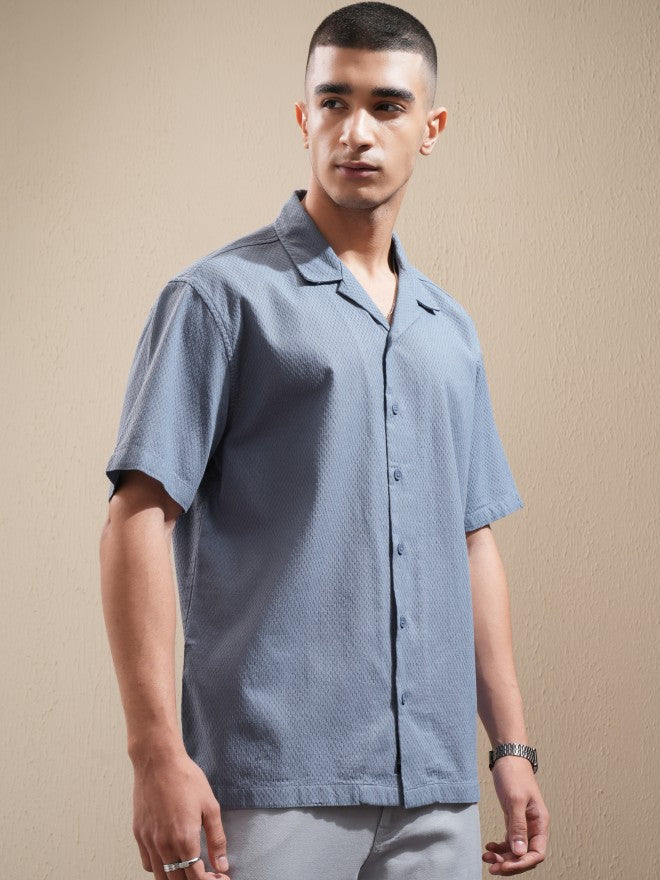 Highlander Men Blue Textured Relaxed Fit Casual Shirt - Blue - Image 6