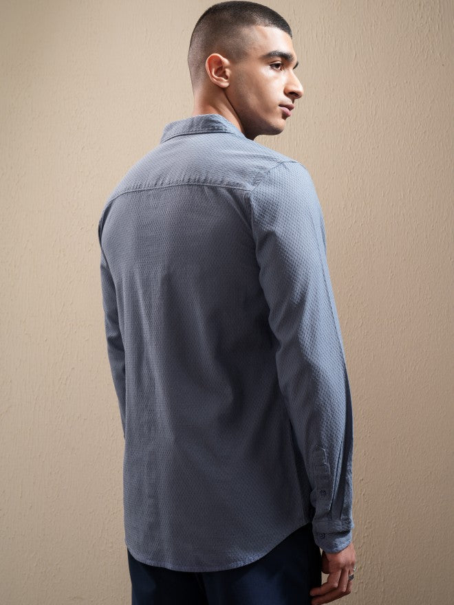 Highlander Men Blue Textured Regular Fit Casual Shirt - Blue - Image 3