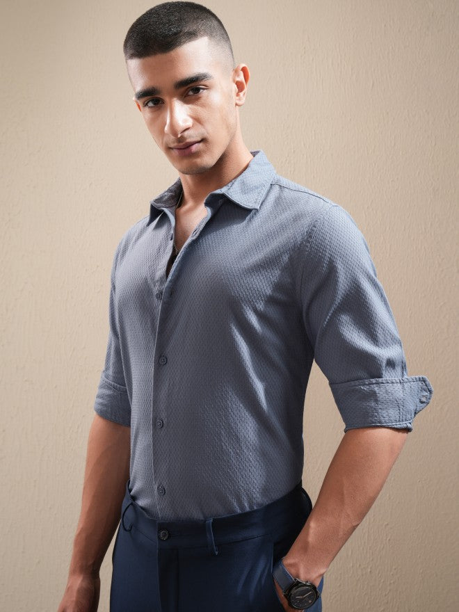 Highlander Men Blue Textured Regular Fit Casual Shirt - Blue - Image 4