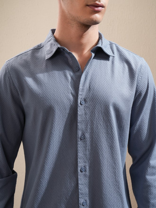Highlander Men Blue Textured Regular Fit Casual Shirt - Blue - Image 5