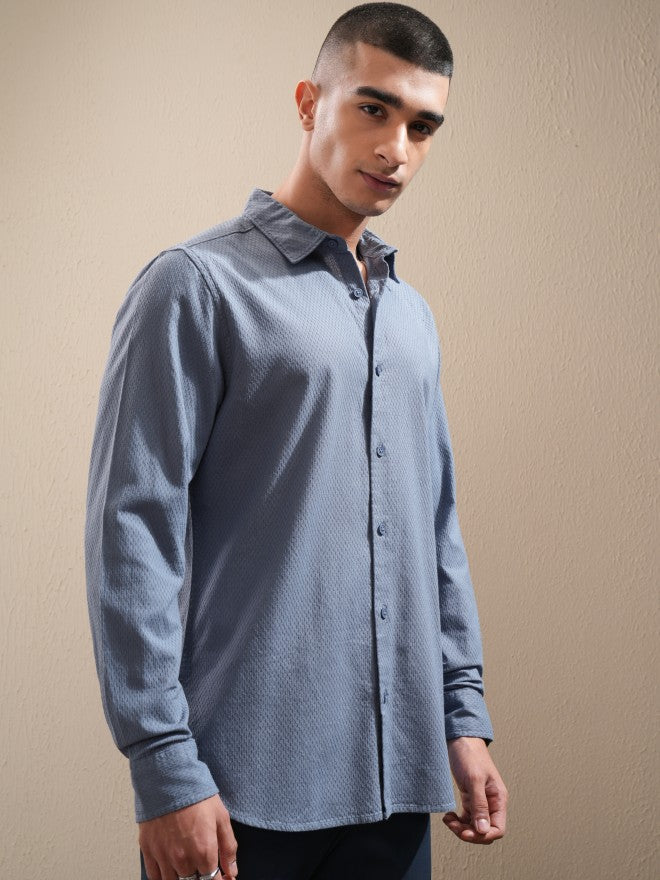 Highlander Men Blue Textured Regular Fit Casual Shirt - Blue - Image 6