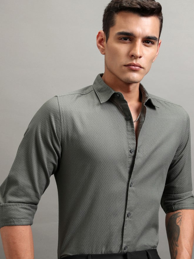 Highlander Men Olive Textured Regular Fit Casual Shirt - Olive - Image 1