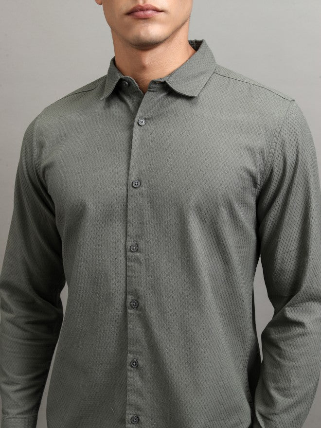 Highlander Men Olive Textured Regular Fit Casual Shirt - Olive - Image 5