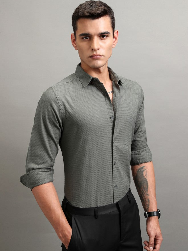 Highlander Men Olive Textured Regular Fit Casual Shirt - Olive - Image 6