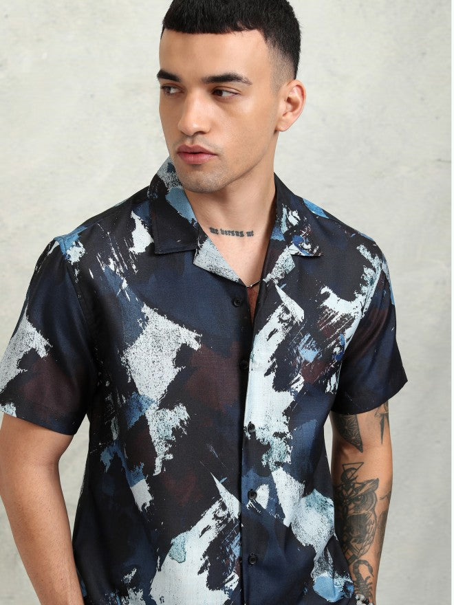 Highlander Men Navy Blue Printed Relaxed Fit Casual Shirt - Navy Blue - Image 1