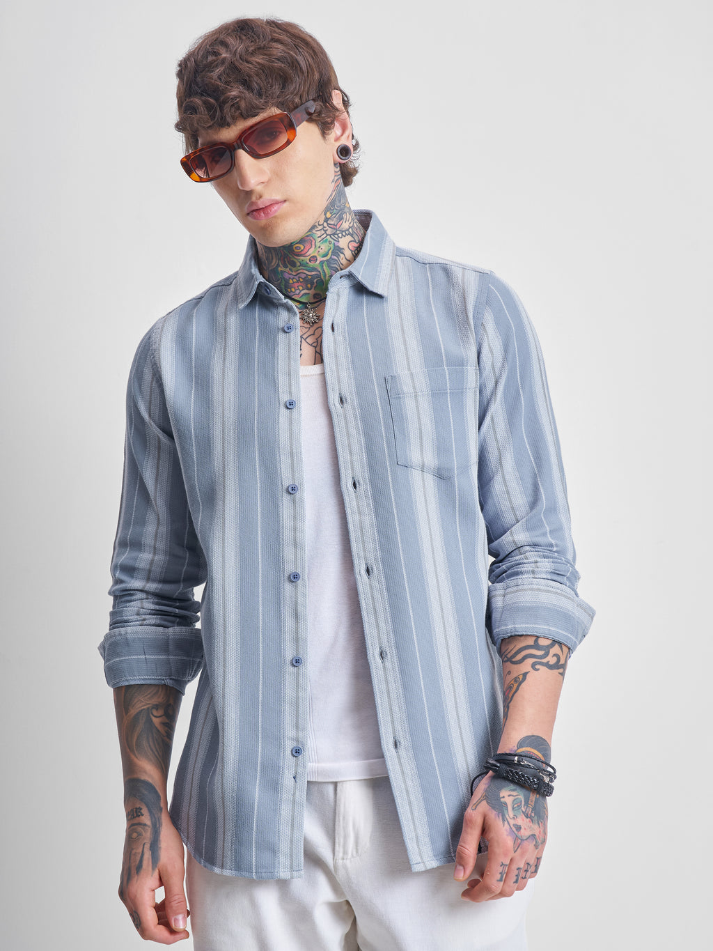 Highlander Men Blue Striped Oversized Fit Casual Shirt - Blue - Image 1