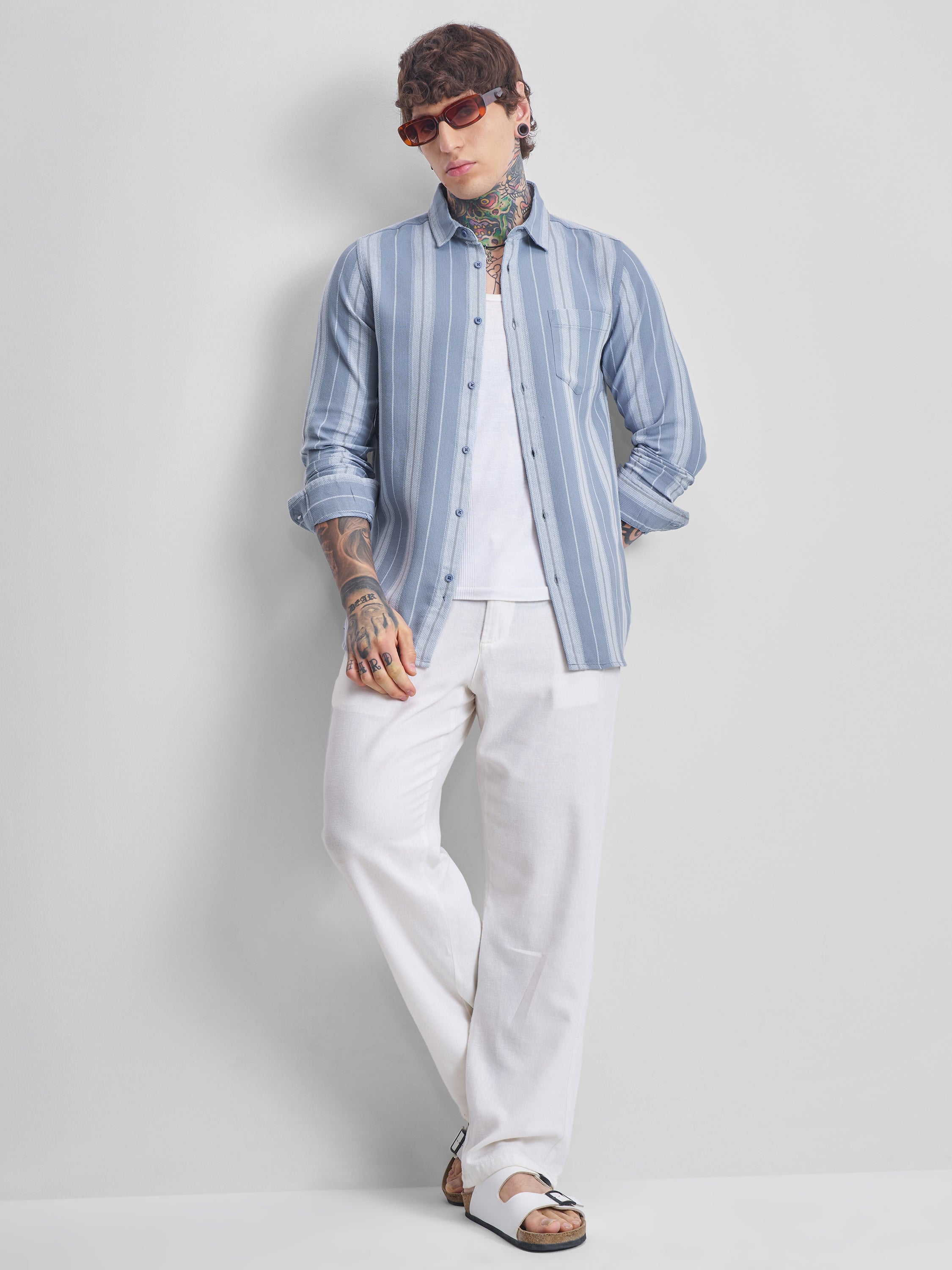 Highlander Men Blue Striped Oversized Fit Casual Shirt - Blue - Image 2