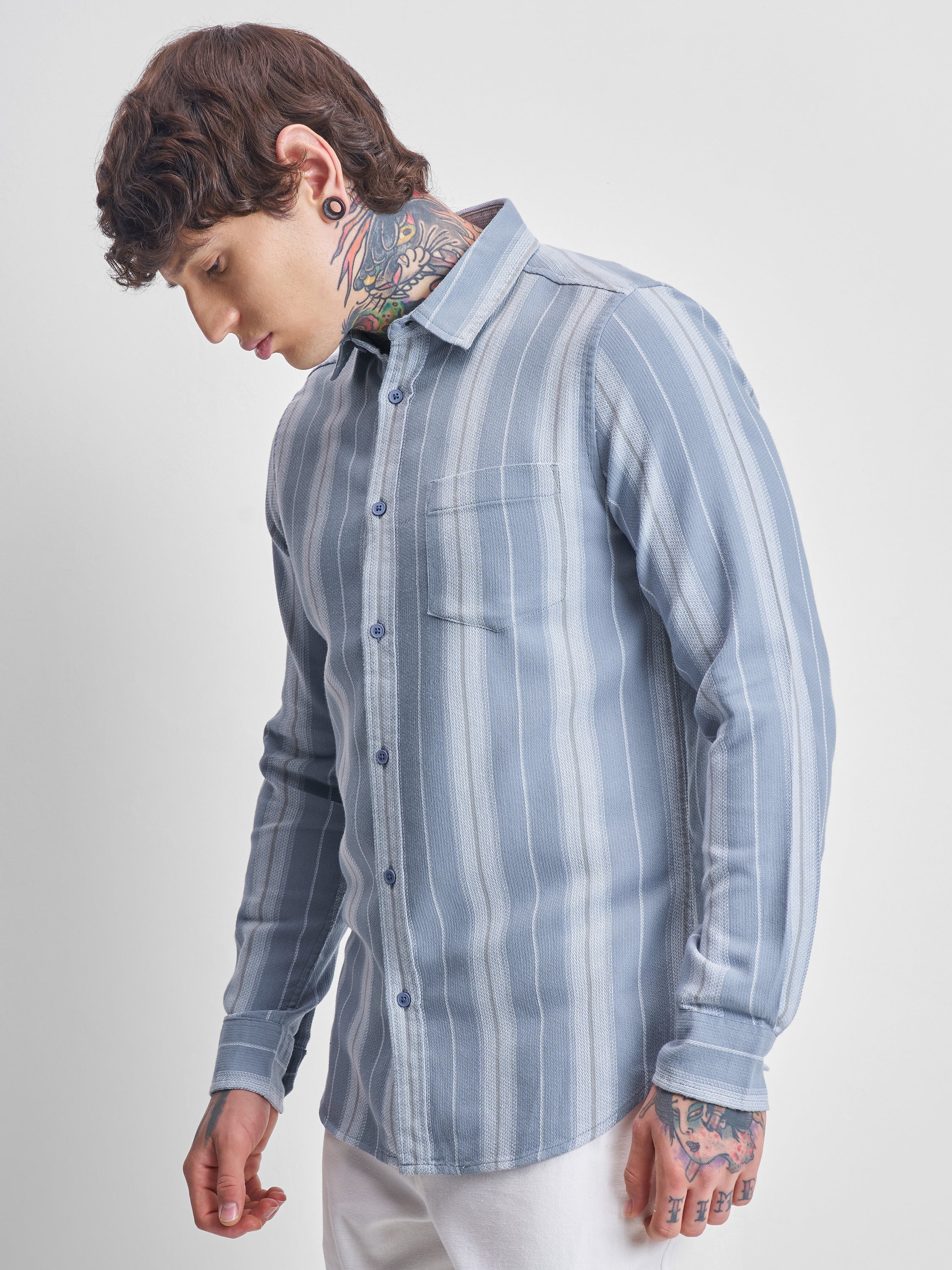 Highlander Men Blue Striped Oversized Fit Casual Shirt - Blue - Image 4