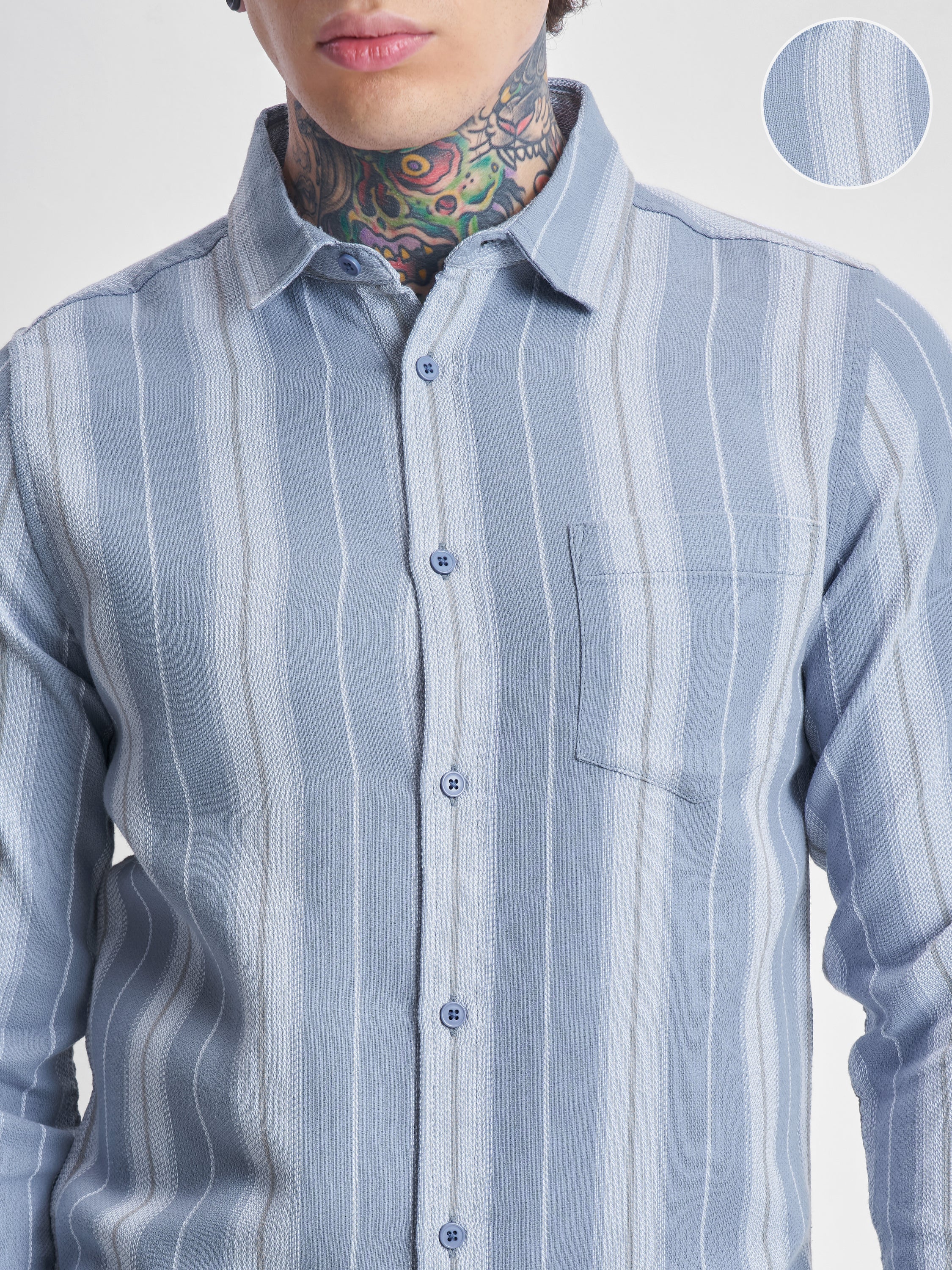 Highlander Men Blue Striped Oversized Fit Casual Shirt - Blue - Image 5