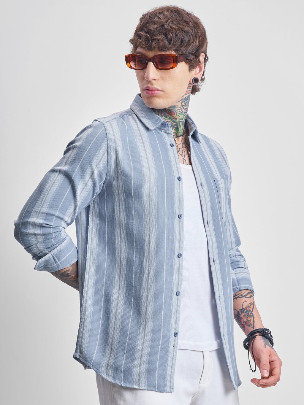 Highlander Men Blue Striped Oversized Fit Casual Shirt - Blue - Image 6