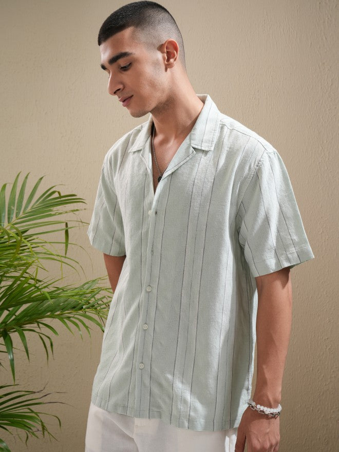 Highlander Men Green Striped Relaxed Fit Casual Shirt - Green - Image 4