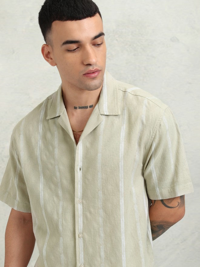 Highlander Men Khaki Striped Relaxed Fit Casual Shirt - Khaki - Image 1