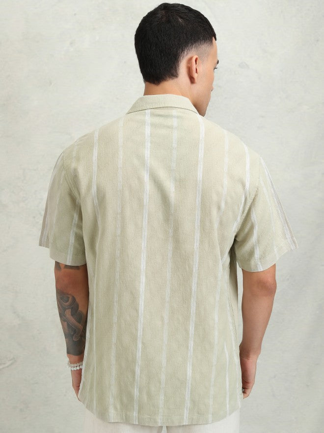 Highlander Men Khaki Striped Relaxed Fit Casual Shirt - Khaki - Image 3