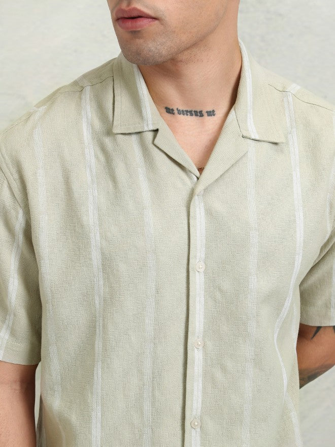 Highlander Men Khaki Striped Relaxed Fit Casual Shirt - Khaki - Image 5