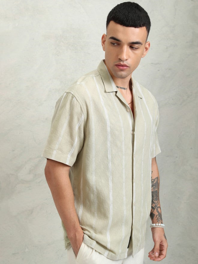 Highlander Men Khaki Striped Relaxed Fit Casual Shirt - Khaki - Image 6