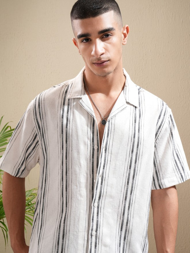 Highlander Men Off White Striped Relaxed Fit Casual Shirt - Off White - Image 1