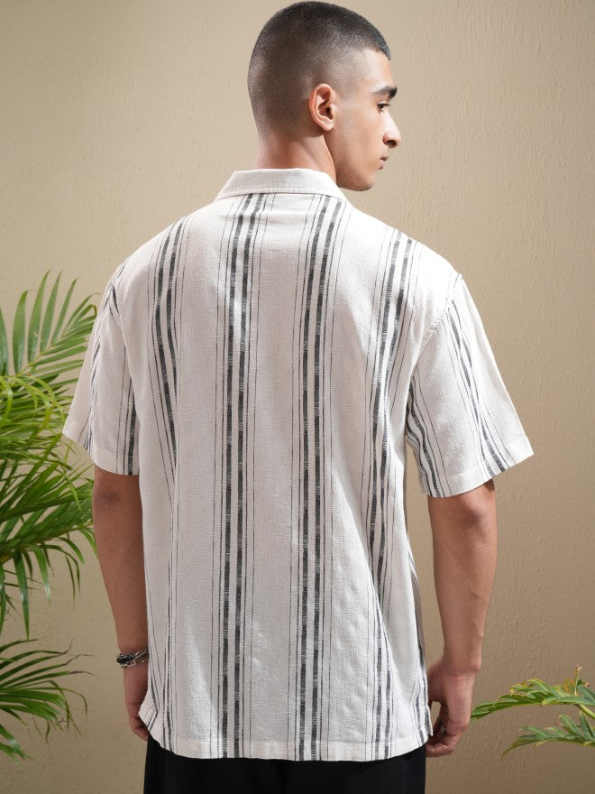 Highlander Men Off White Striped Relaxed Fit Casual Shirt - Off White - Image 3