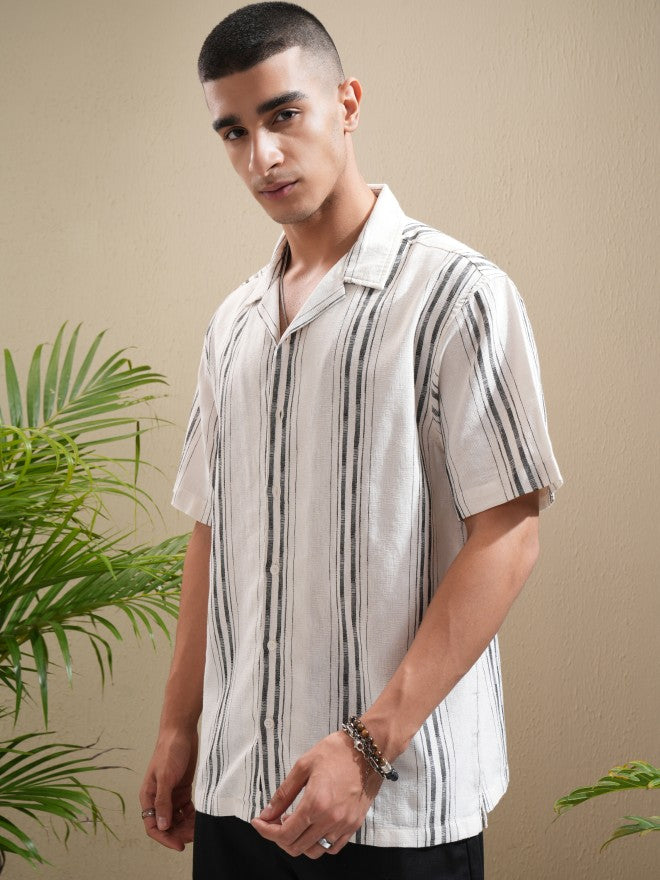 Highlander Men Off White Striped Relaxed Fit Casual Shirt - Off White - Image 4
