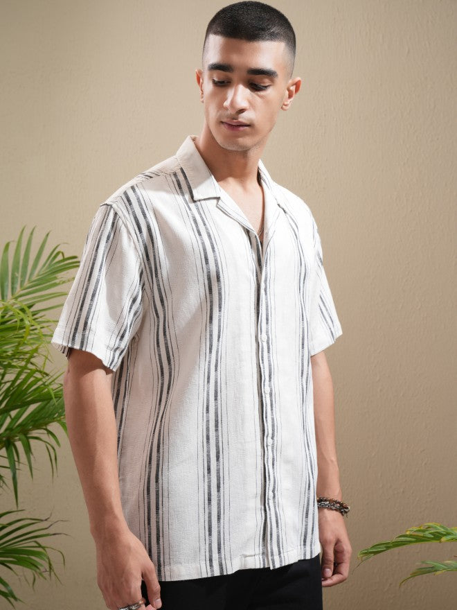 Highlander Men Off White Striped Relaxed Fit Casual Shirt - Off White - Image 6
