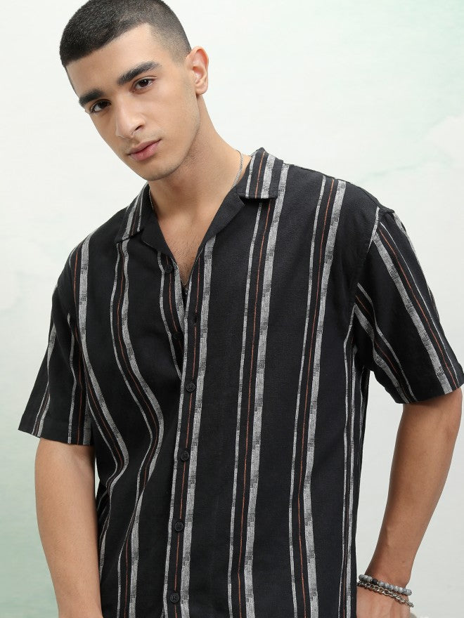 Highlander Men Black Striped Relaxed Fit Casual Shirt - Black - Image 1