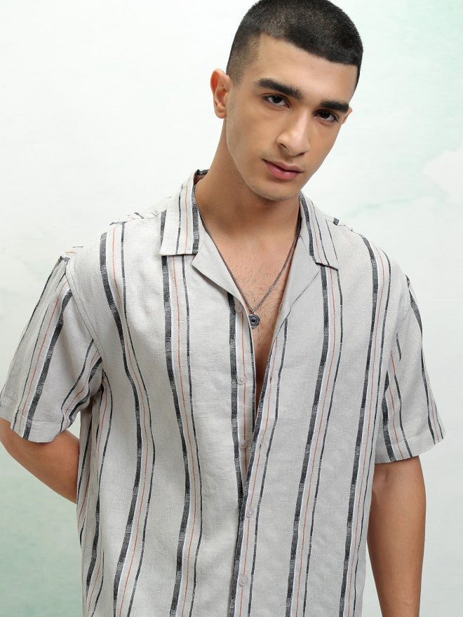 Highlander Men Grey Striped Relaxed Fit Casual Shirt - Grey - Image 1