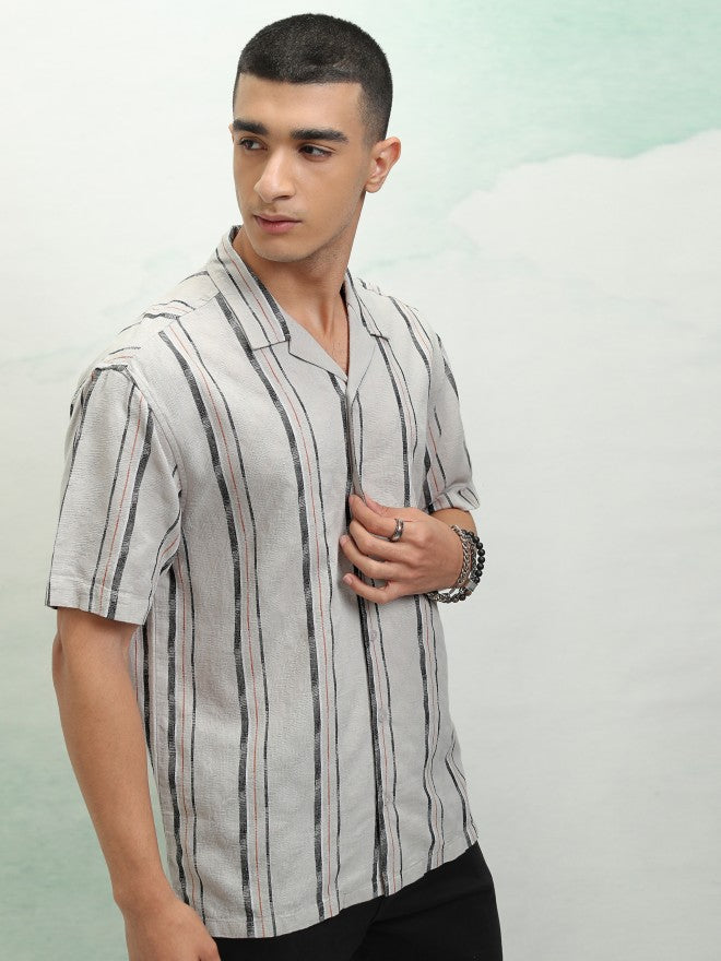 Highlander Men Grey Striped Relaxed Fit Casual Shirt - Grey - Image 6
