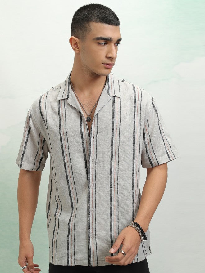 Highlander Men Grey Striped Relaxed Fit Casual Shirt - Grey - Image 7