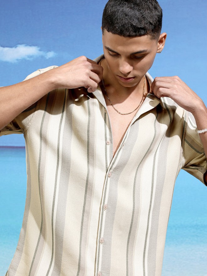 Highlander Men Beige Striped Relaxed Fit Casual Shirt - Beige - Image 1