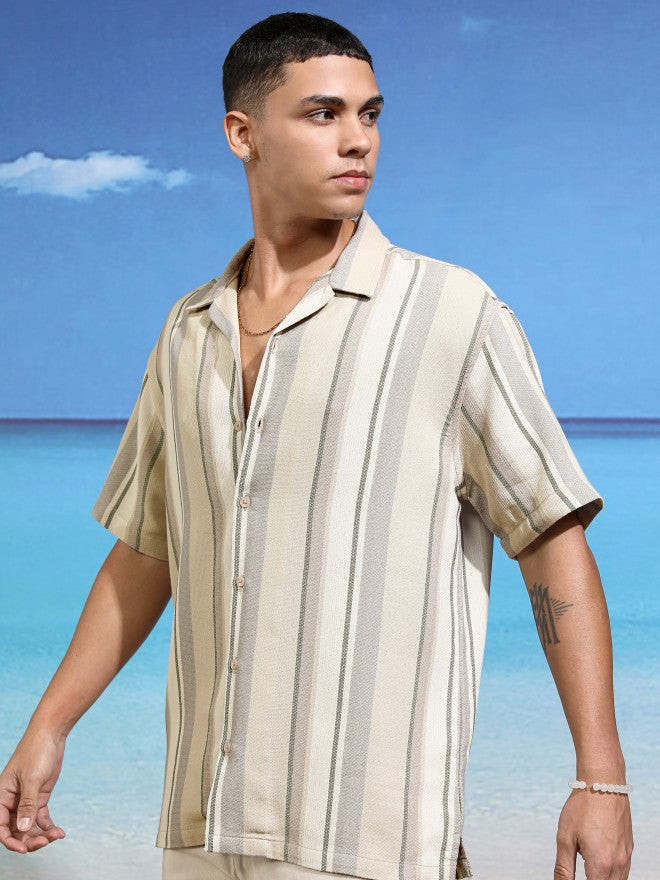 Highlander Men Beige Striped Relaxed Fit Casual Shirt - Beige - Image 4