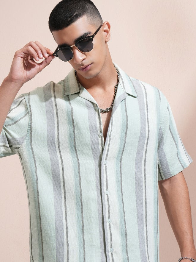 Highlander Men Green Striped Relaxed Fit Casual Shirt - Green - Image 1