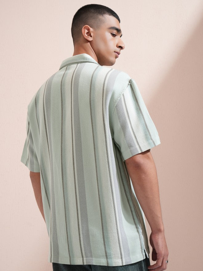 Highlander Men Green Striped Relaxed Fit Casual Shirt - Green - Image 3