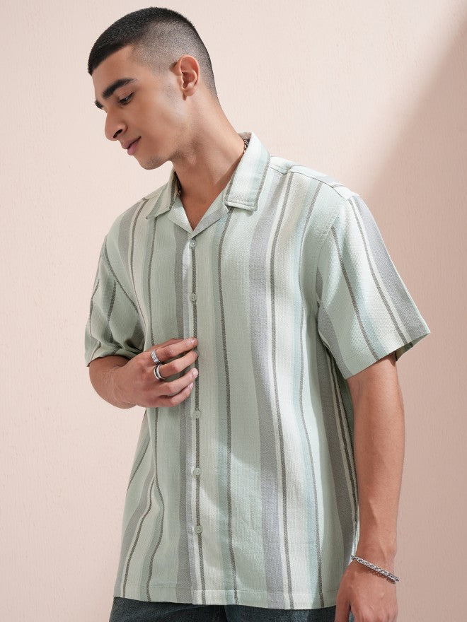 Highlander Men Green Striped Relaxed Fit Casual Shirt - Green - Image 4