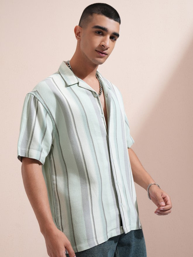 Highlander Men Green Striped Relaxed Fit Casual Shirt - Green - Image 6