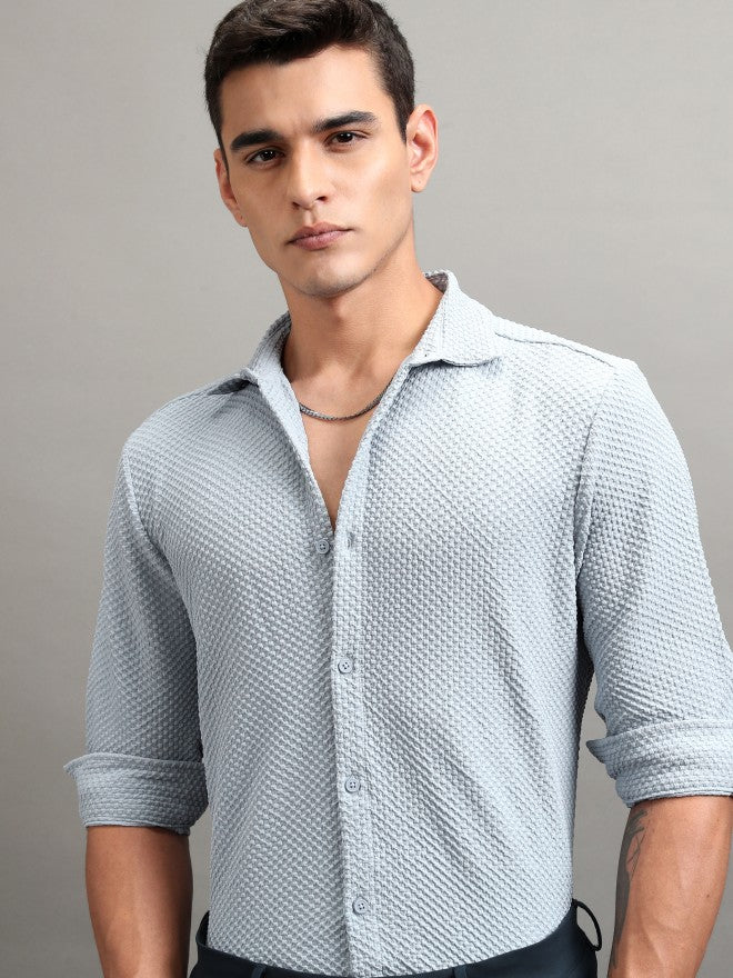Highlander Men Blue Textured Regular Fit Casual Shirt - Blue - Image 1