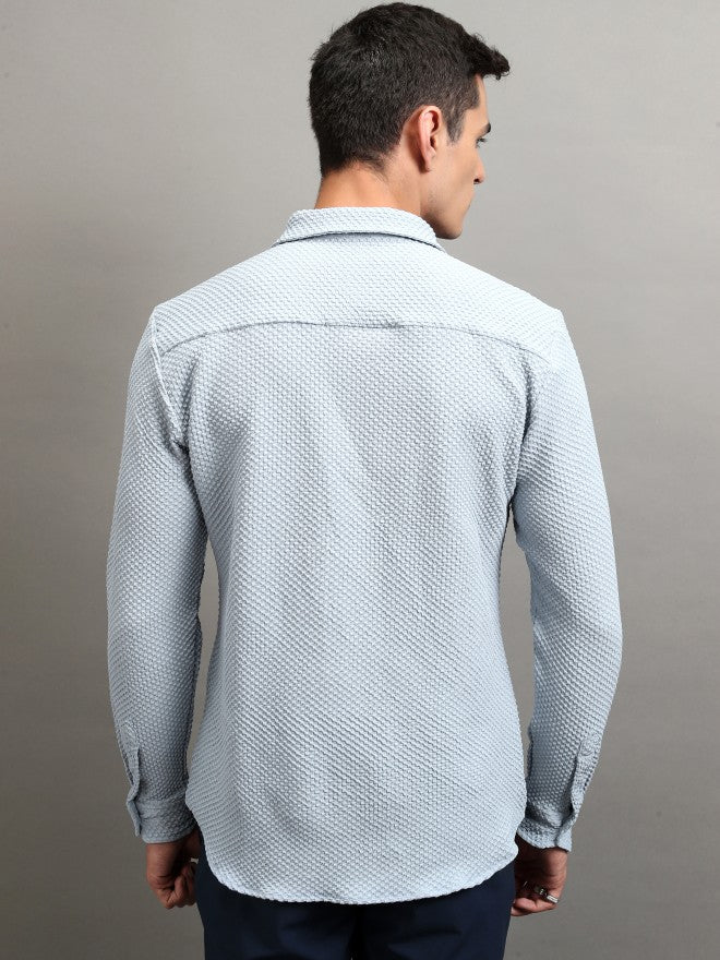 Highlander Men Blue Textured Regular Fit Casual Shirt - Blue - Image 3