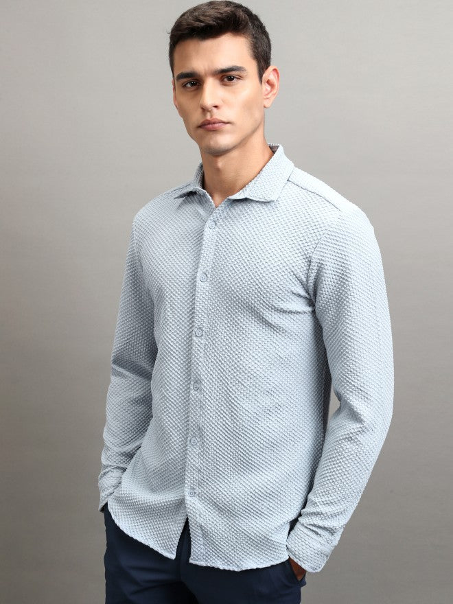 Highlander Men Blue Textured Regular Fit Casual Shirt - Blue - Image 4