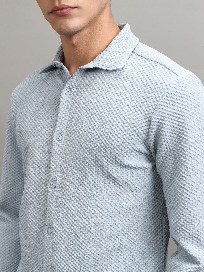 Highlander Men Blue Textured Regular Fit Casual Shirt - Blue - Image 5