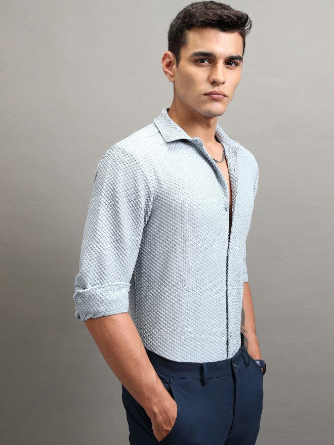 Highlander Men Blue Textured Regular Fit Casual Shirt - Blue - Image 6