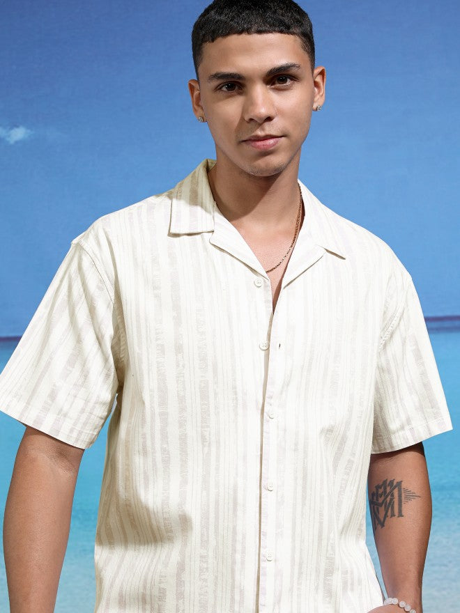 Highlander Men White Striped Relaxed Fit Casual Shirt - White - Image 1