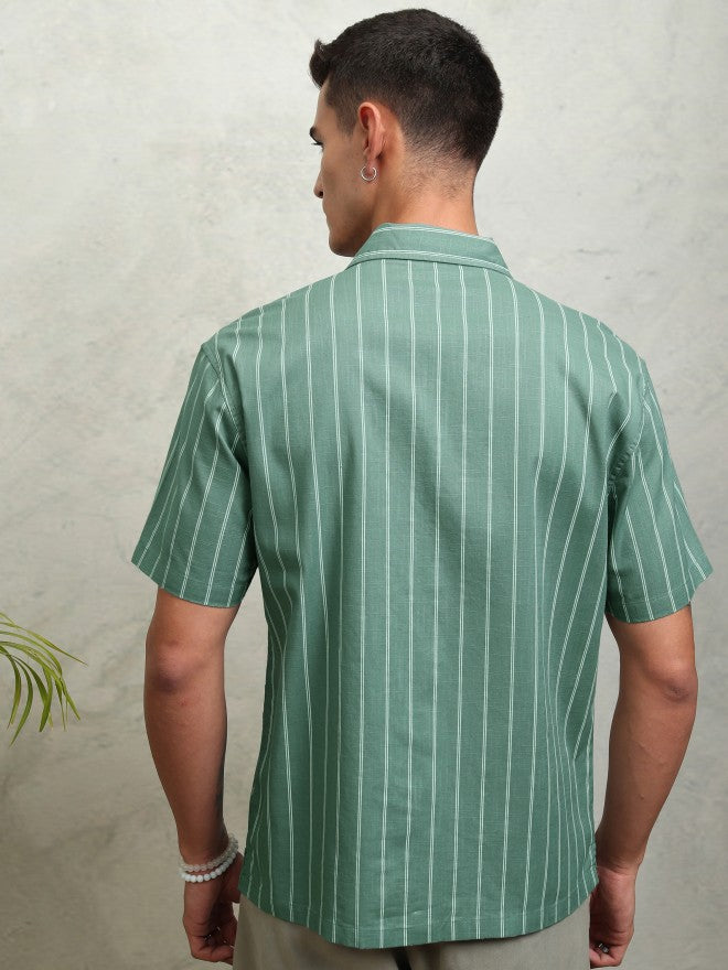 Highlander Men Green Striped Relaxed Fit Casual Shirt - Green - Image 3