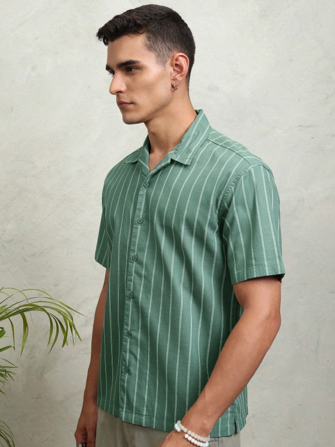 Highlander Men Green Striped Relaxed Fit Casual Shirt - Green - Image 4