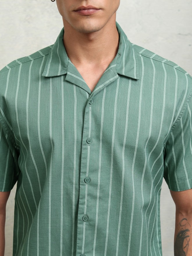 Highlander Men Green Striped Relaxed Fit Casual Shirt - Green - Image 5