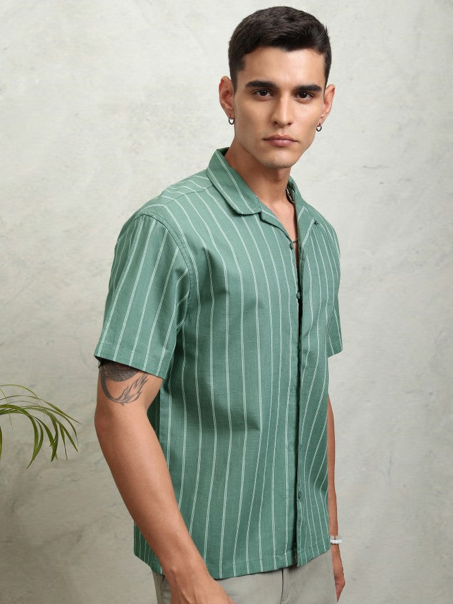Highlander Men Green Striped Relaxed Fit Casual Shirt - Green - Image 6