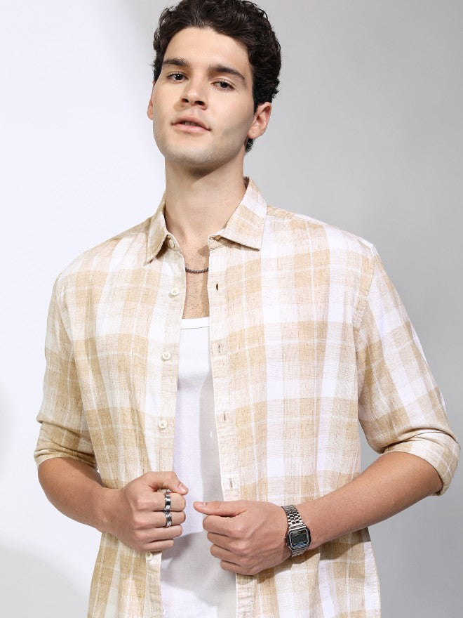 Highlander Men Beige Checked Relaxed Fit Casual Shirt - Beige - Image 1