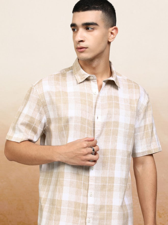 Highlander Men Beige Checked Relaxed Fit Casual Shirt - Beige - Image 1