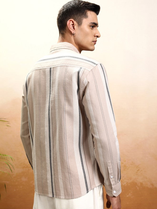 Highlander Men Beige Striped Relaxed Fit Casual Shirt - Beige - Image 3